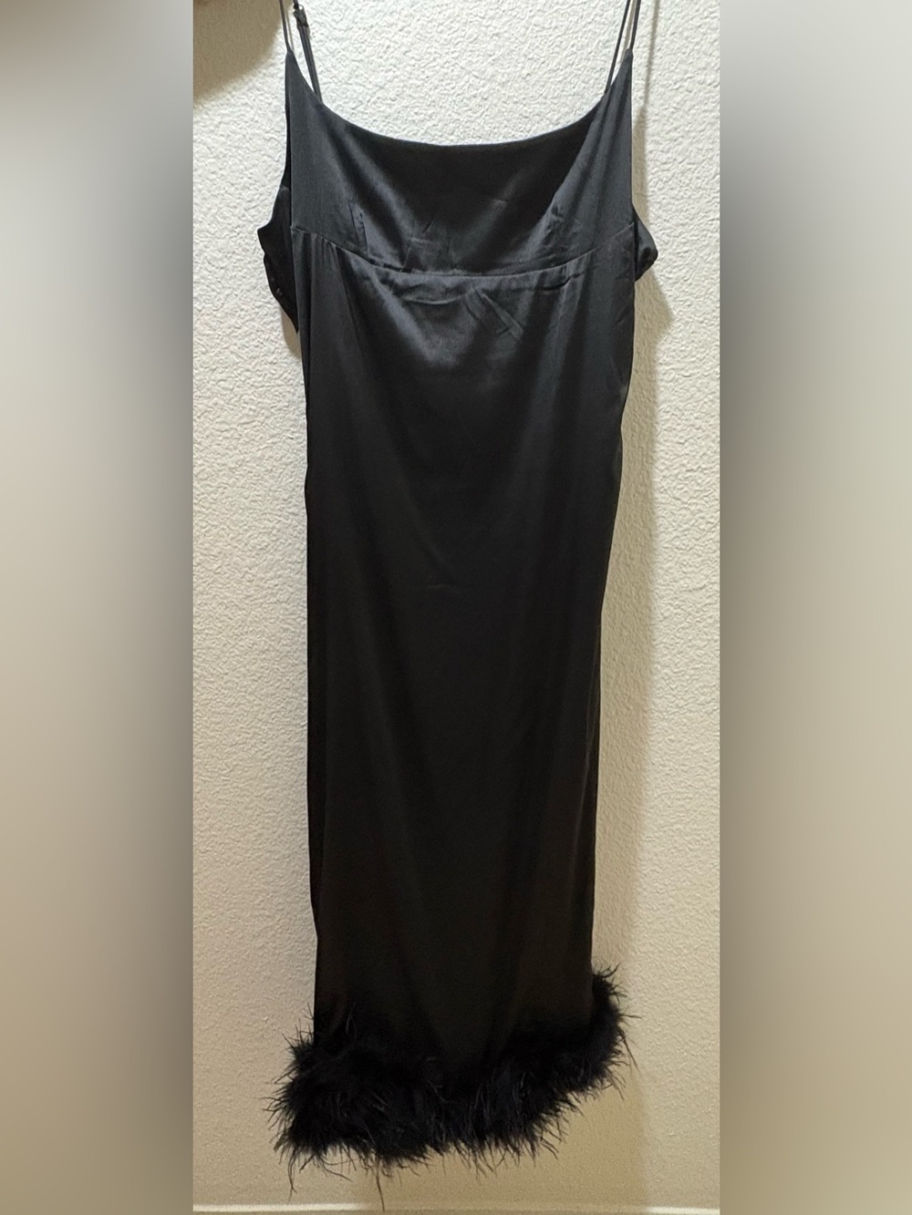 Fashion Nova Black Satin Slip Dress with Feather Hem